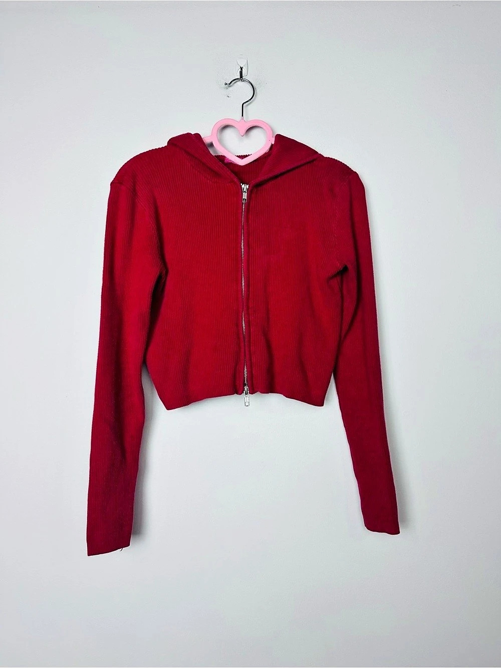 Brandy Melville John Galt Ribbed Hooded Cropped Jacket in Red Size Small